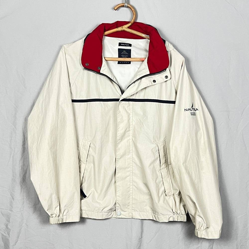Nautica Windbreaker Jacket Mens XXL Hooded Full Zip Cream Red NS-83 Vintage 90s